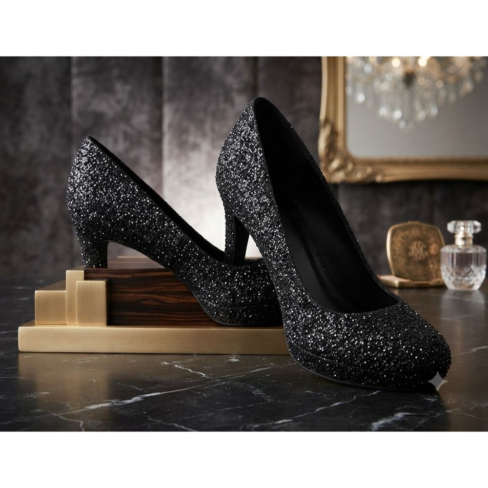 Silver Slipper Black Rhinestone Platform Pumps Stiletto High Heels Glam Prom 8M